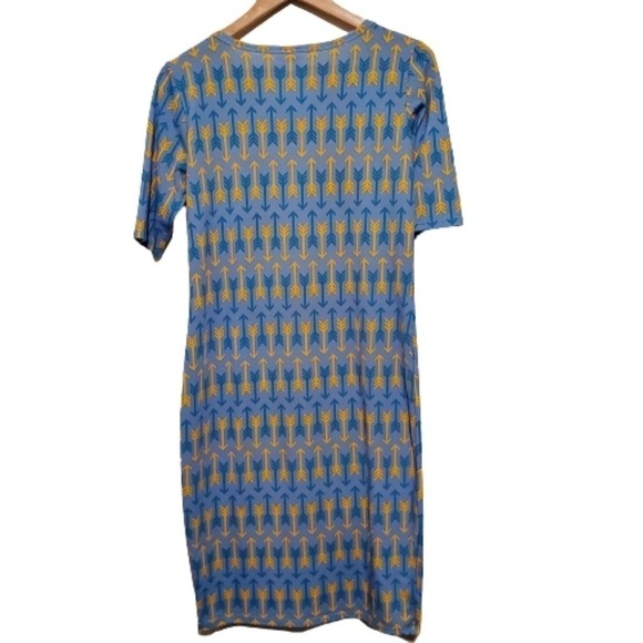 LulaRoe Julia Dress Womens Medium Blue Yellow Arrow Body Con Knee Length Stretch - Picture 2 of 5